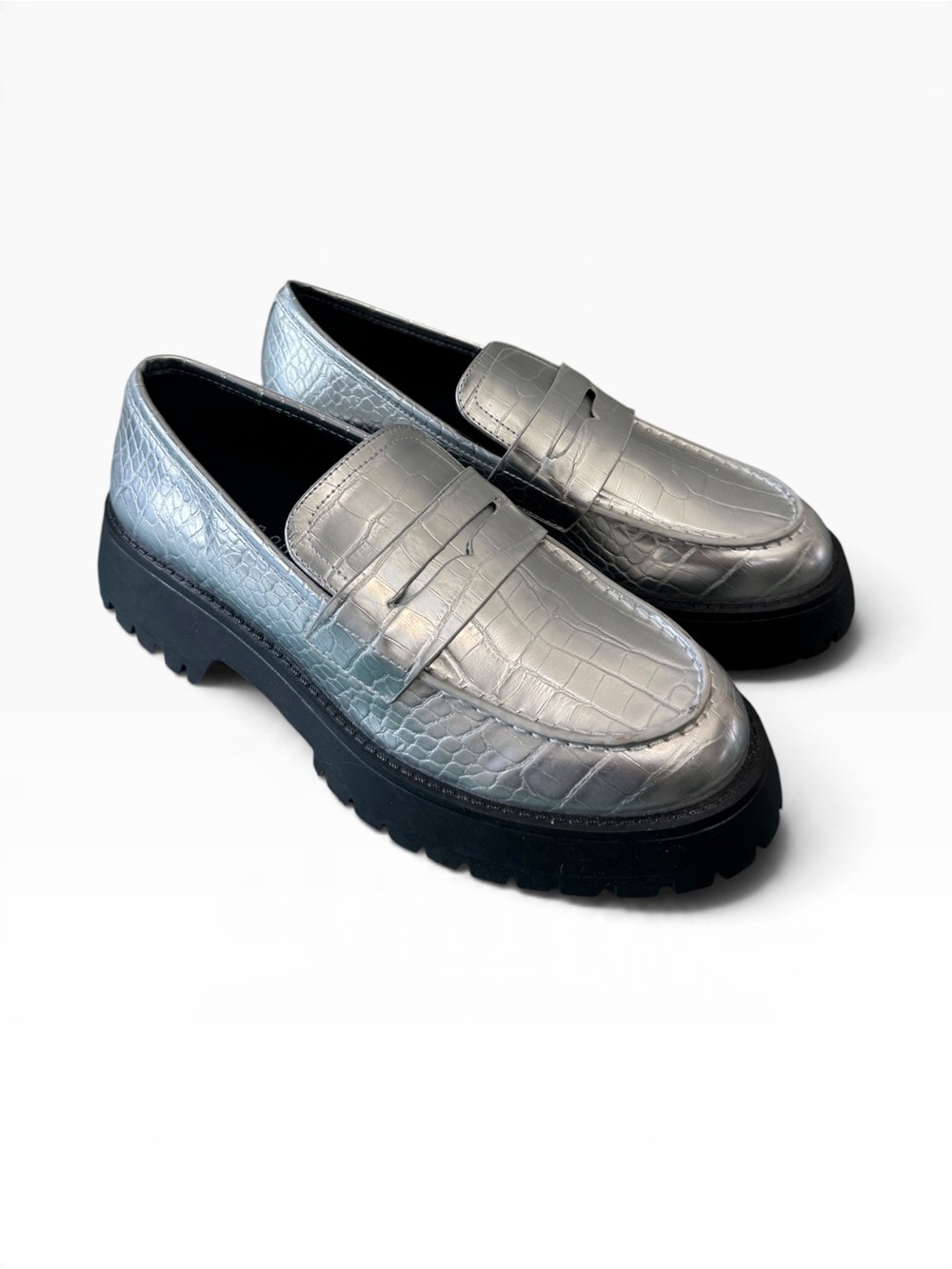 Madden Girl Metallic Silver Croc-Embossed Penny Loafers
